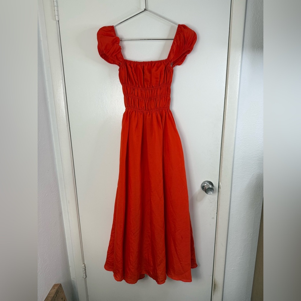 Mable red puff cap sleeve,  strappy tie back, open back, maxi dress. S